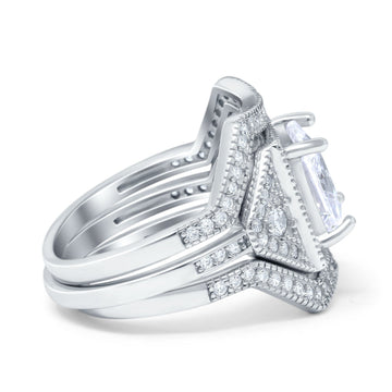 Princess Cut Art Deco Three Piece Bridal Set Wedding Ring Simulated Cubic Zirconia 925 Sterling Silver